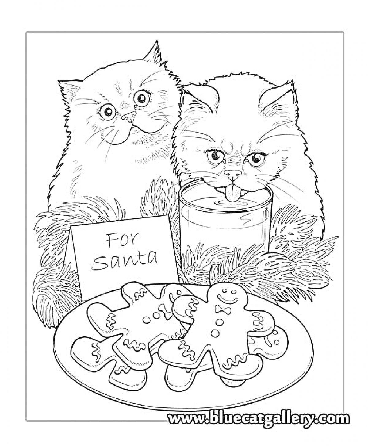 Раскраска Два кота, еловые ветки, стакан молока, печенье в виде человечков, записка для Санты