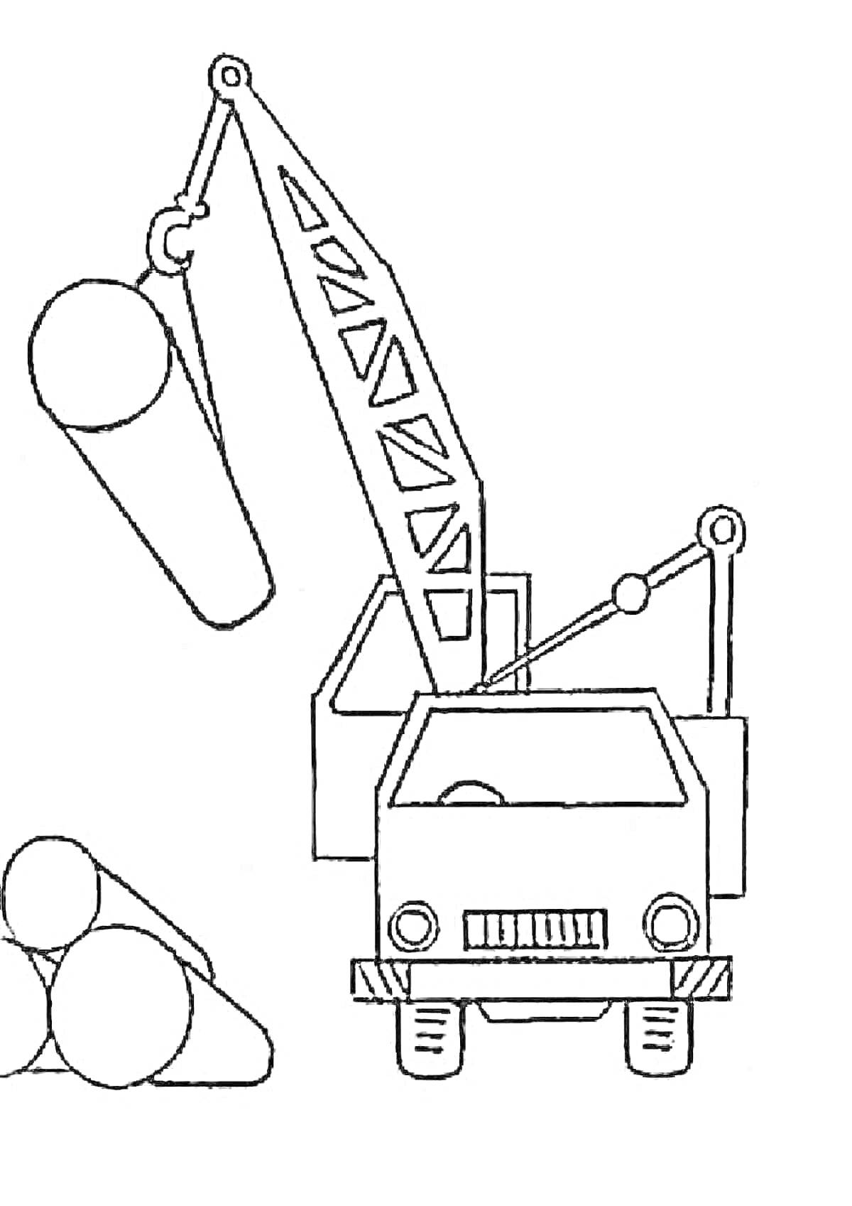 Раскраска Грузовик-кран, поднимающий брёвна рядом с кучей брёвен