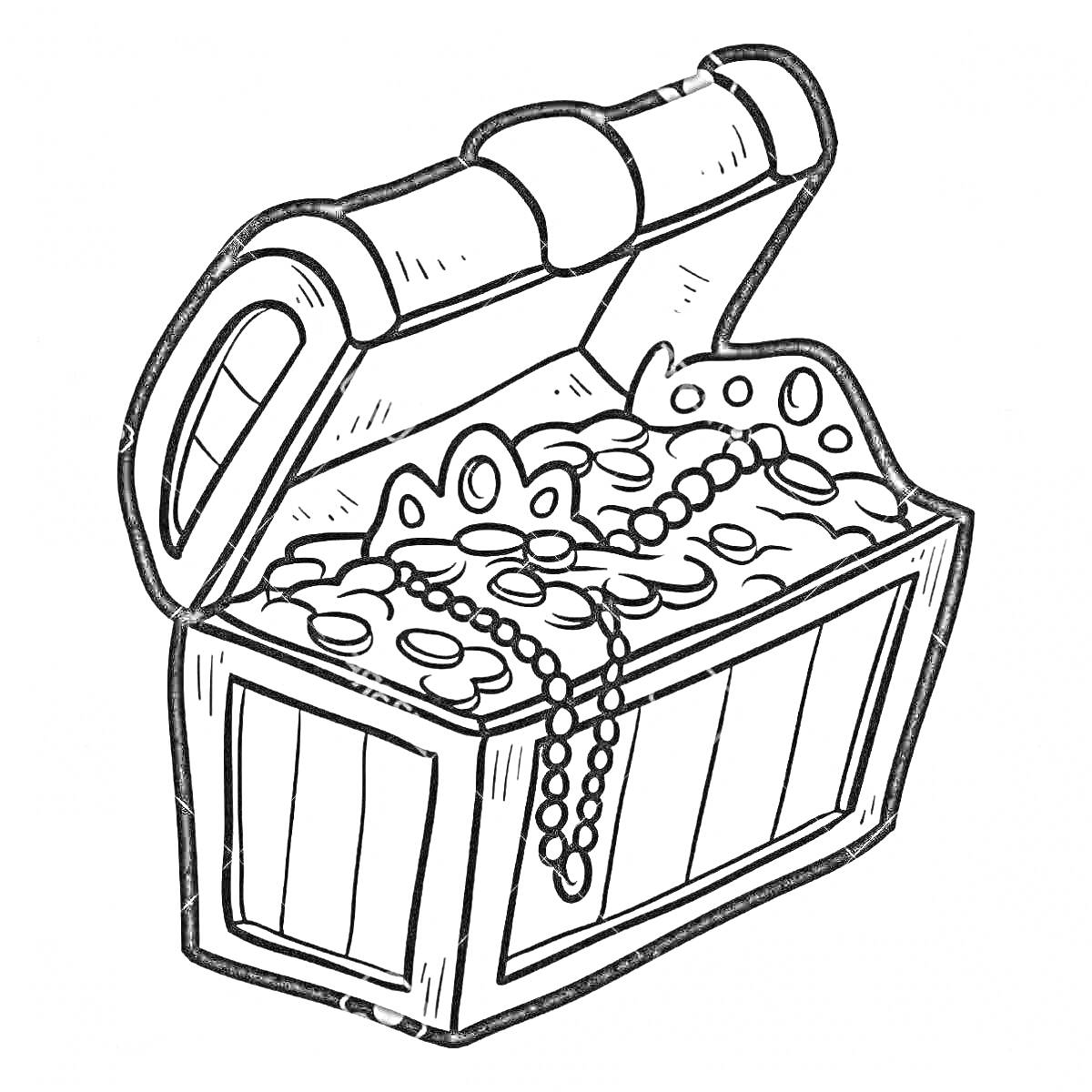 Раскраска Сундук с драгоценностями с открытой крышкой, полон золотых монет, ожерелий и короны
