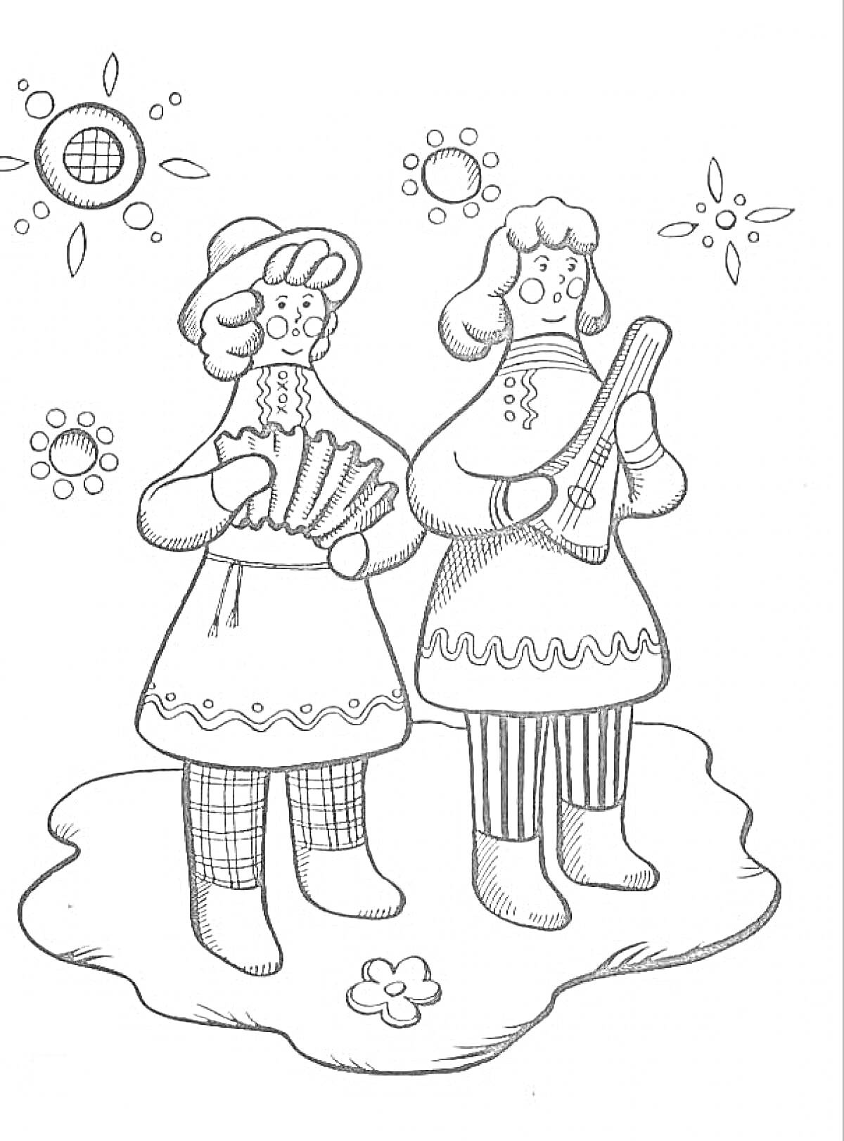 Раскраска Дымковская игрушка с двумя женщинами в традиционной одежде, держащими музыкальные инструменты на фоне цветков и солнца