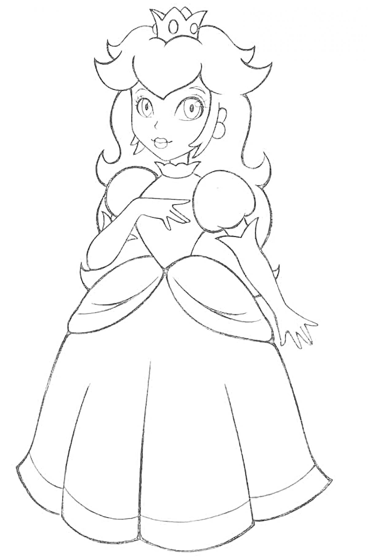 Раскраска Принцесса в короне c пышным платьем