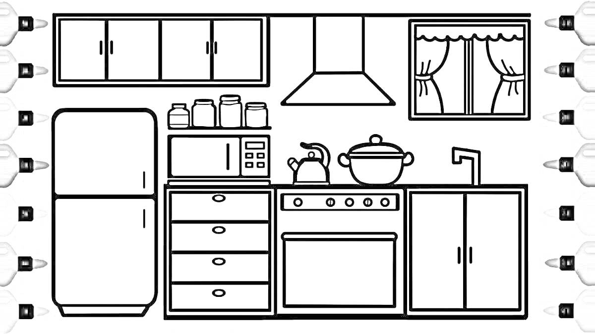 На раскраске изображено: Кухня, Мебель, Холодильник, Плита, Полки, Шторы, Вытяжка, Тока бока, Окна, Банка, Кастрюли, Микроволновая печь, Чайники