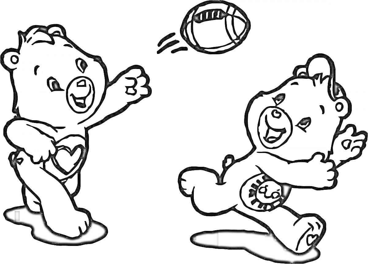 На раскраске изображено: Игра, Футбол, Солнце, Спорт, Дружба, Для детей, Медведь, Мячи, Сердца