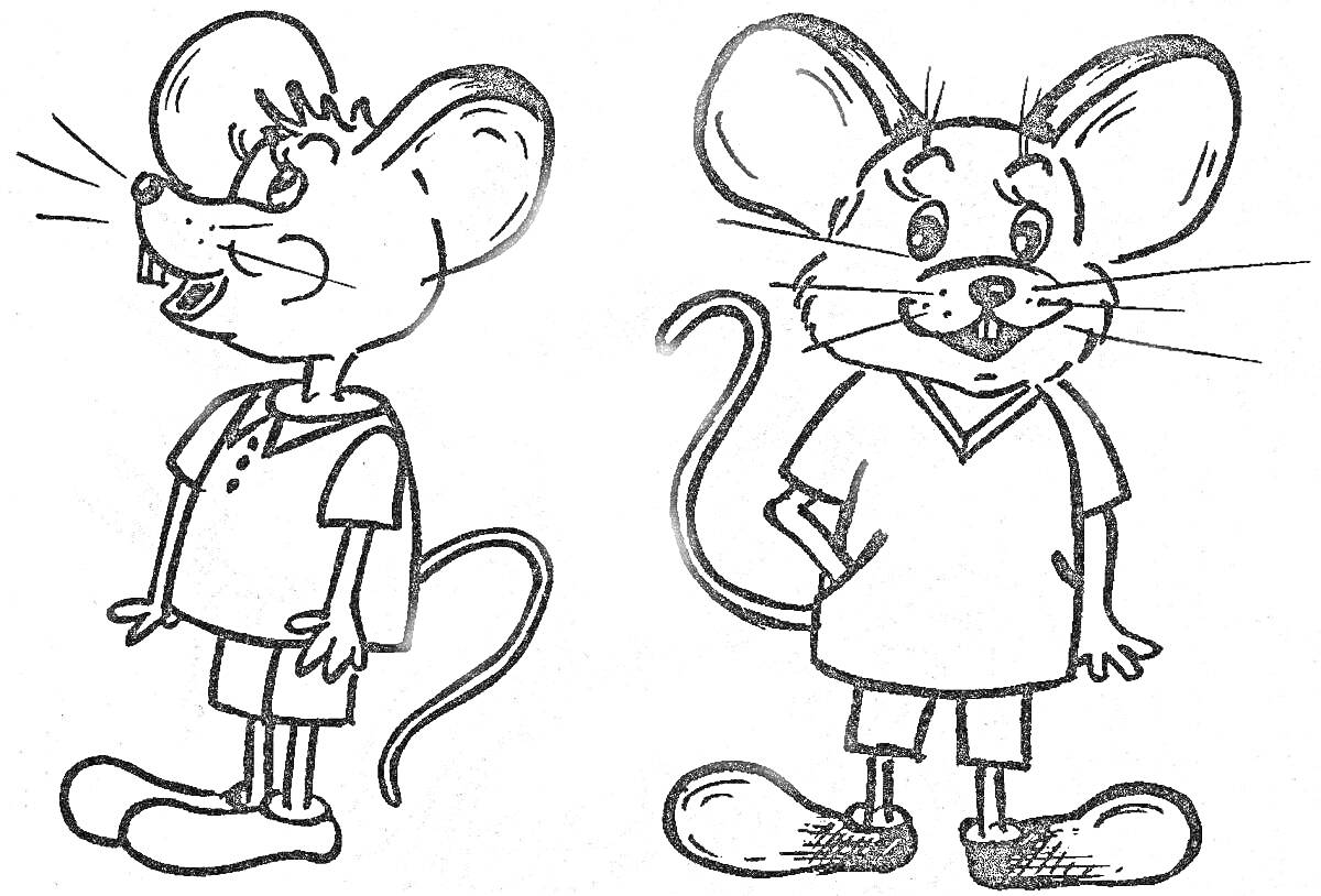 Раскраска Два мышонка в одежде (футболки и шорты) и с усами