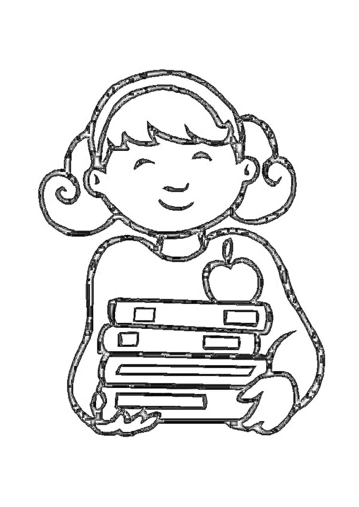 Раскраска Ученик с книгами и яблоком на свитере