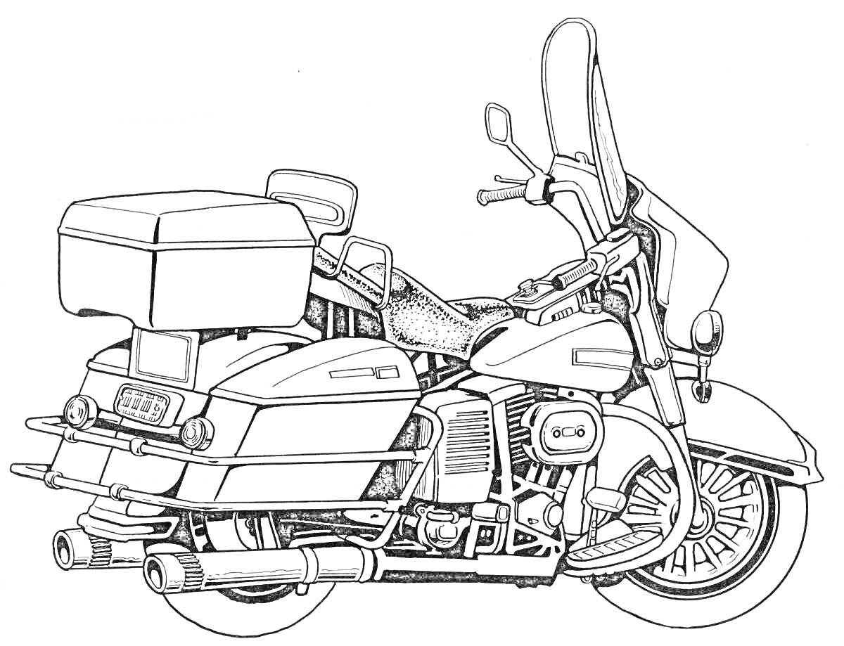 На раскраске изображено: Мотоцикл, Ветровое стекло, Багажник, Спорт, Транспорт, Техника, Колёса, Мотор, Для мальчиков