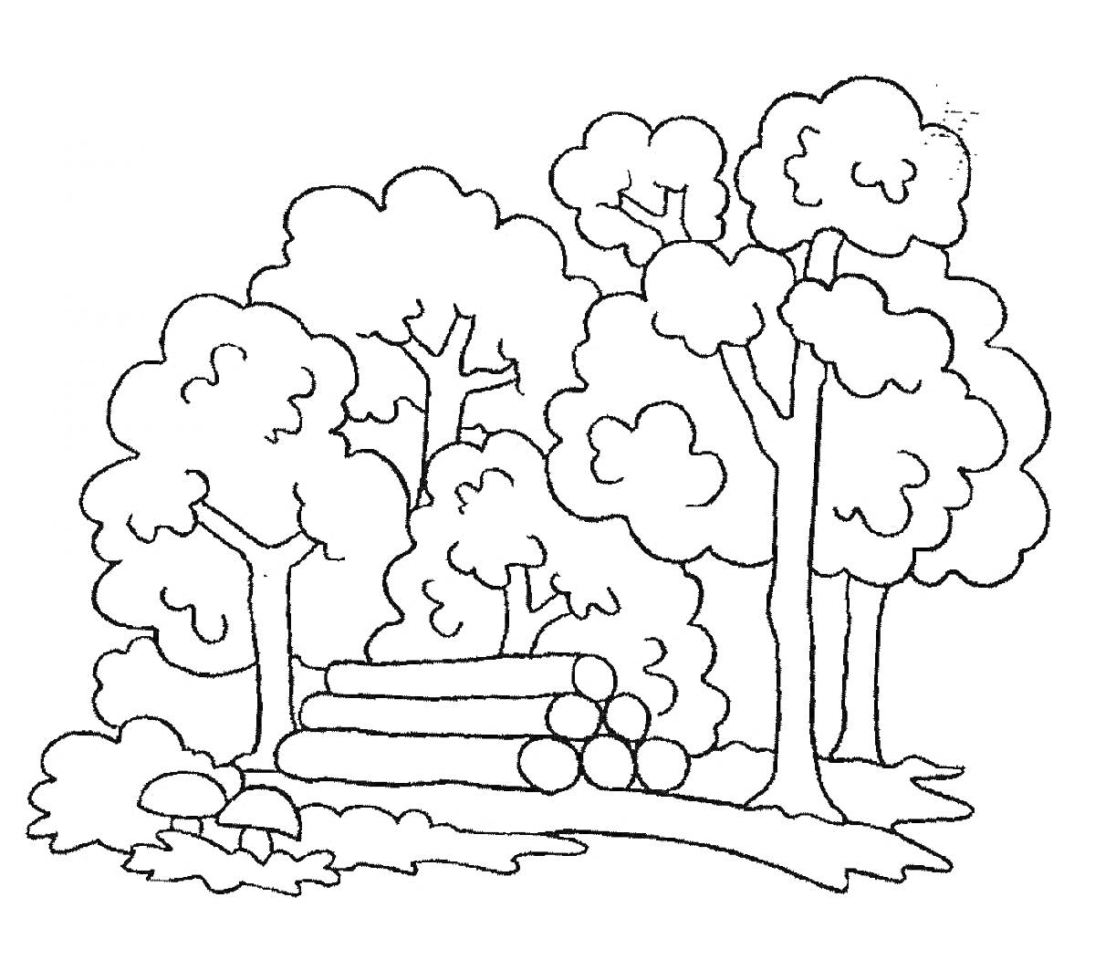 Раскраска Лесная сцена с деревьями, брёвнами и камнем