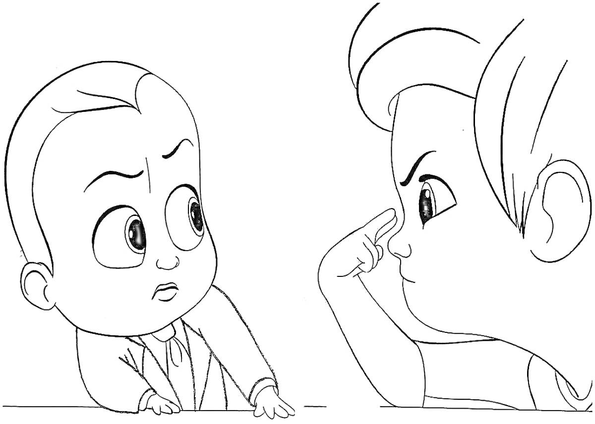 Раскраска Босс Молокосос и мальчик, одетый в пижаму, указательный палец направлен на лицо босса Молокососа