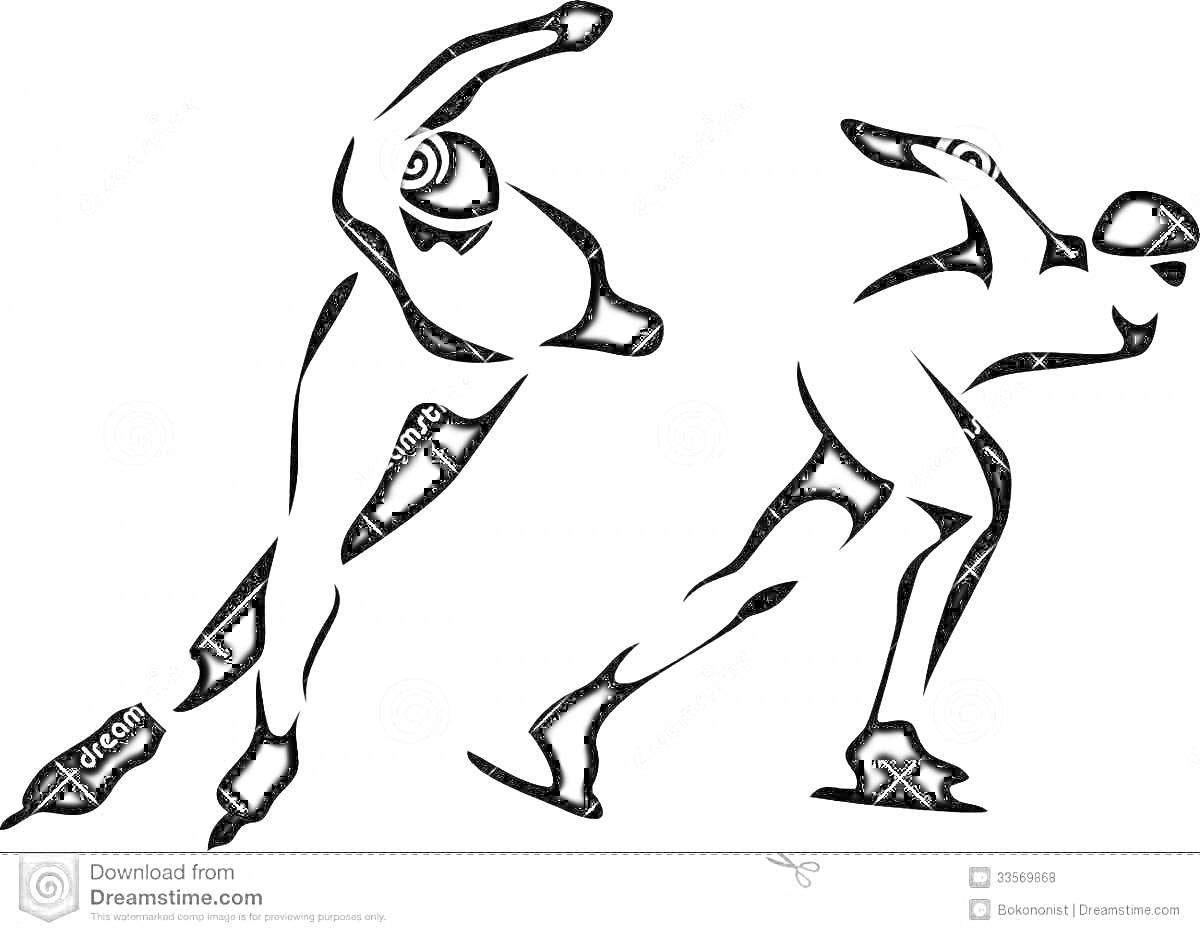 Раскраска Два конькобежца в динамичной позе на черно-белой раскраске