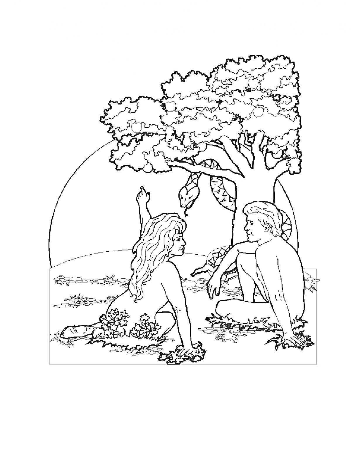 Раскраска Адам и Ева у Древа Познания с змеем