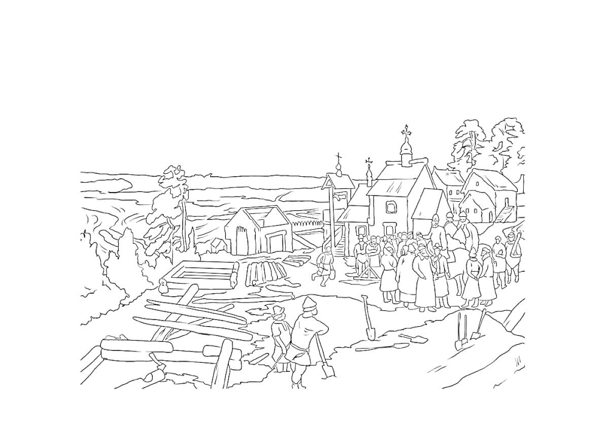 На раскраске изображено: Церковь, Деревня, Природа, Река, Деревья, Здание, Человек