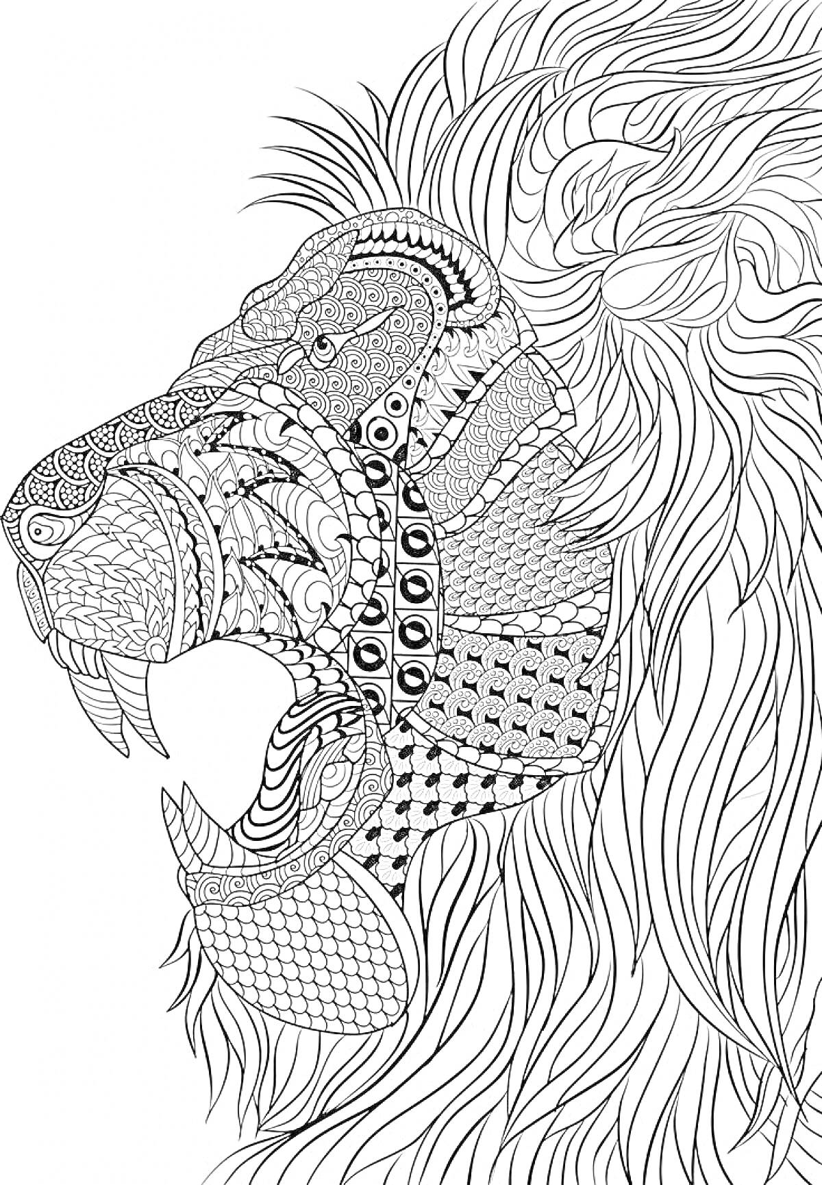 Раскраска Антистресс-раскраска льва с узорами, выполненная в стиле графики