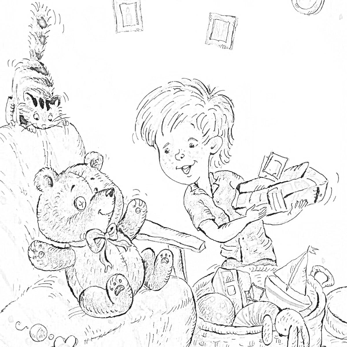 На раскраске изображено: Мальчик, Кот, Кресло, Игрушки, Детство, Драгоценности, Подарки, Медведь, Радуги