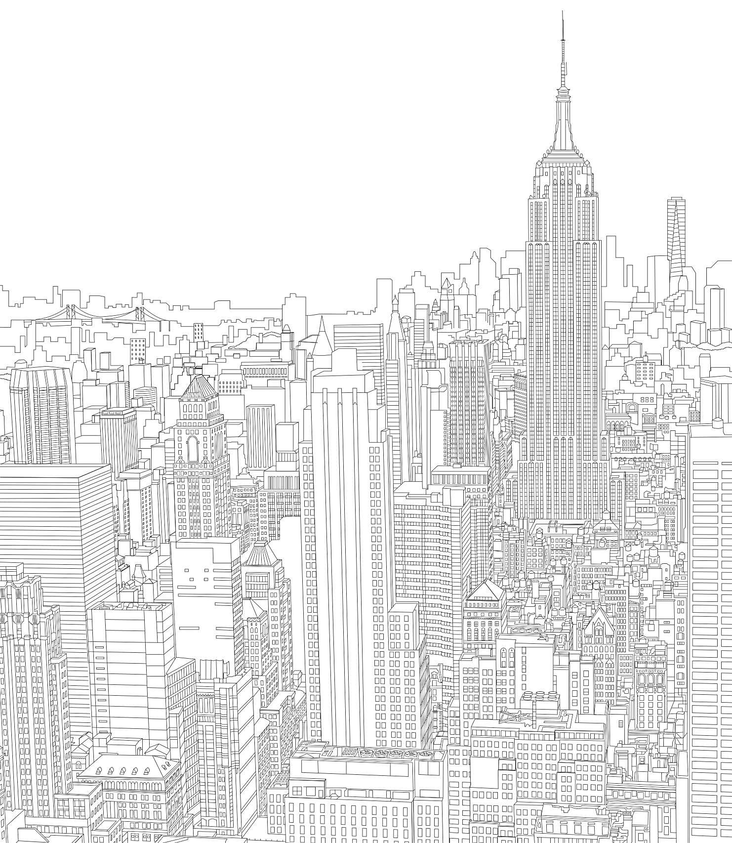 Раскраска Детализированный городской пейзаж с высотными зданиями