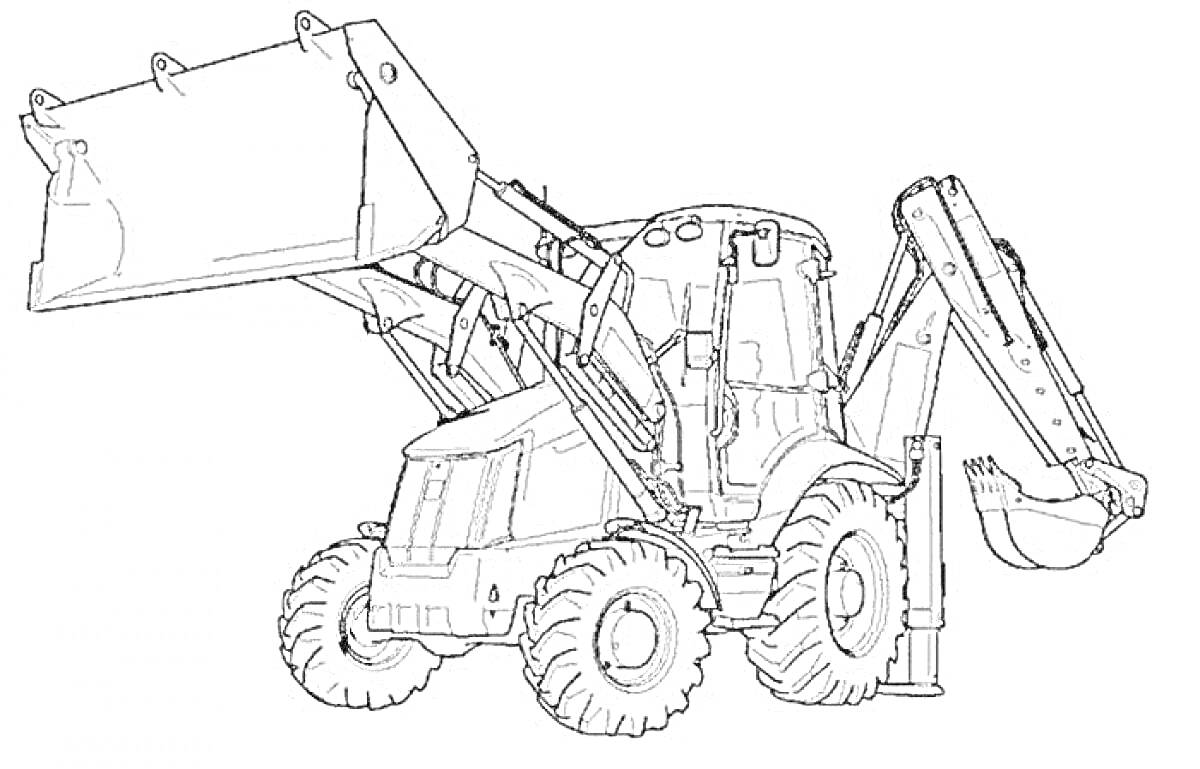 Раскраска Экскаватор-погрузчик с передним ковшом и задним экскаваторным ковшом