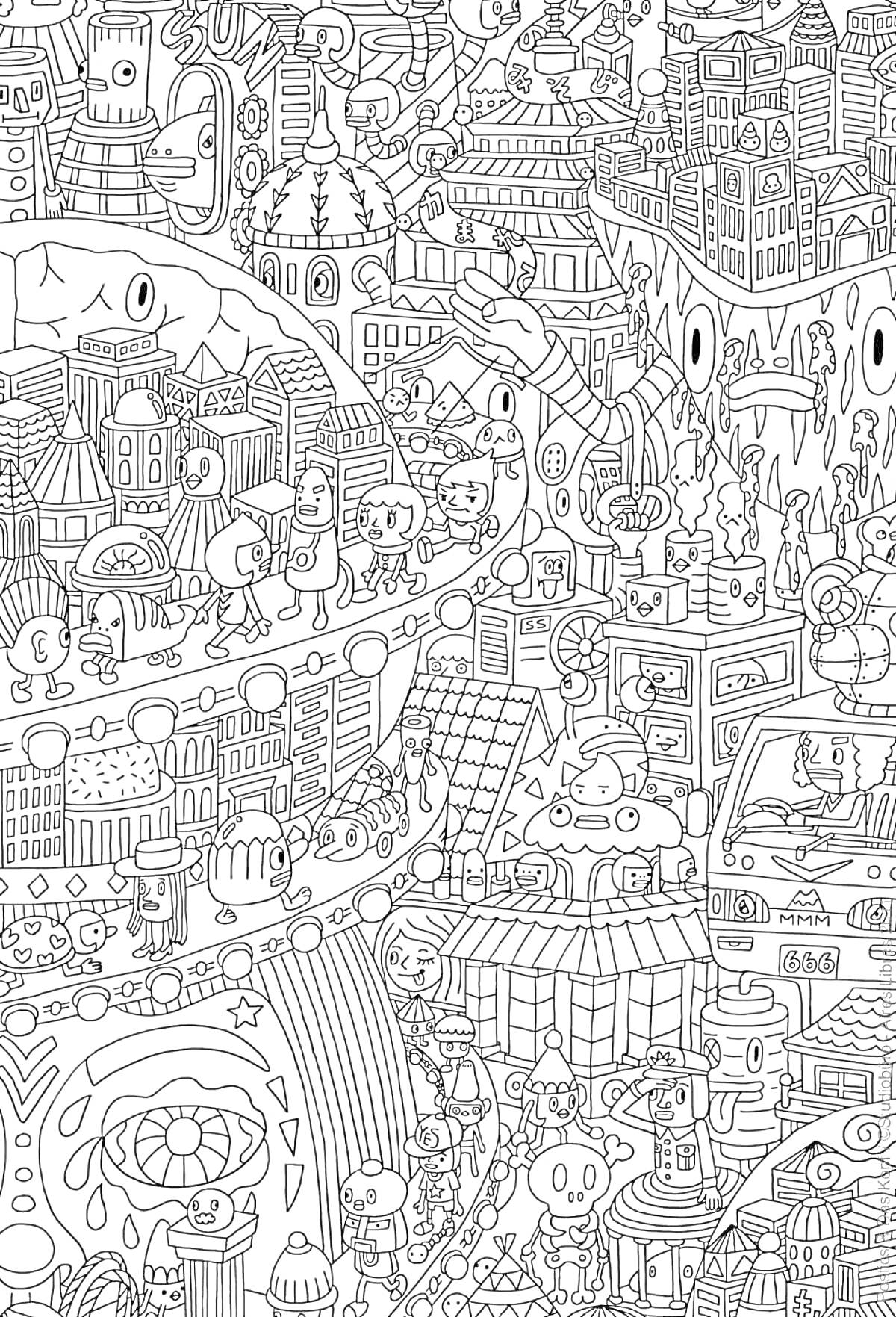 Раскраска Город из будущего с роботами, зданиями и машинами