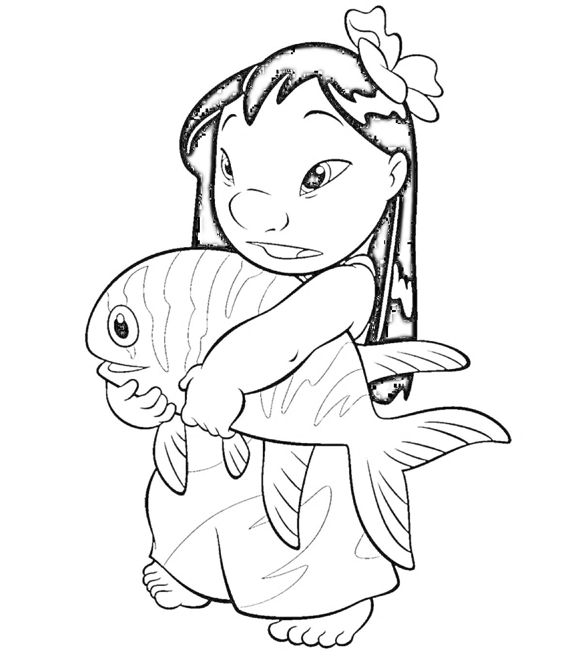 Раскраска Лило держит большую рыбу