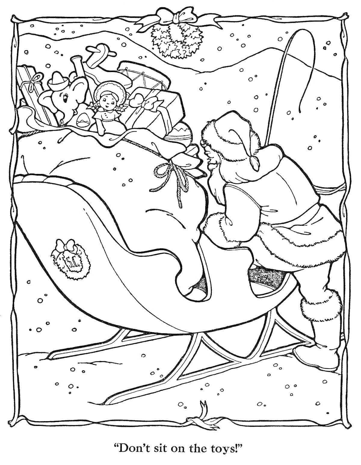 Раскраска Санта Клаус с большими мешками подарков, запряжённые сани, игрушки, снежинки, венок