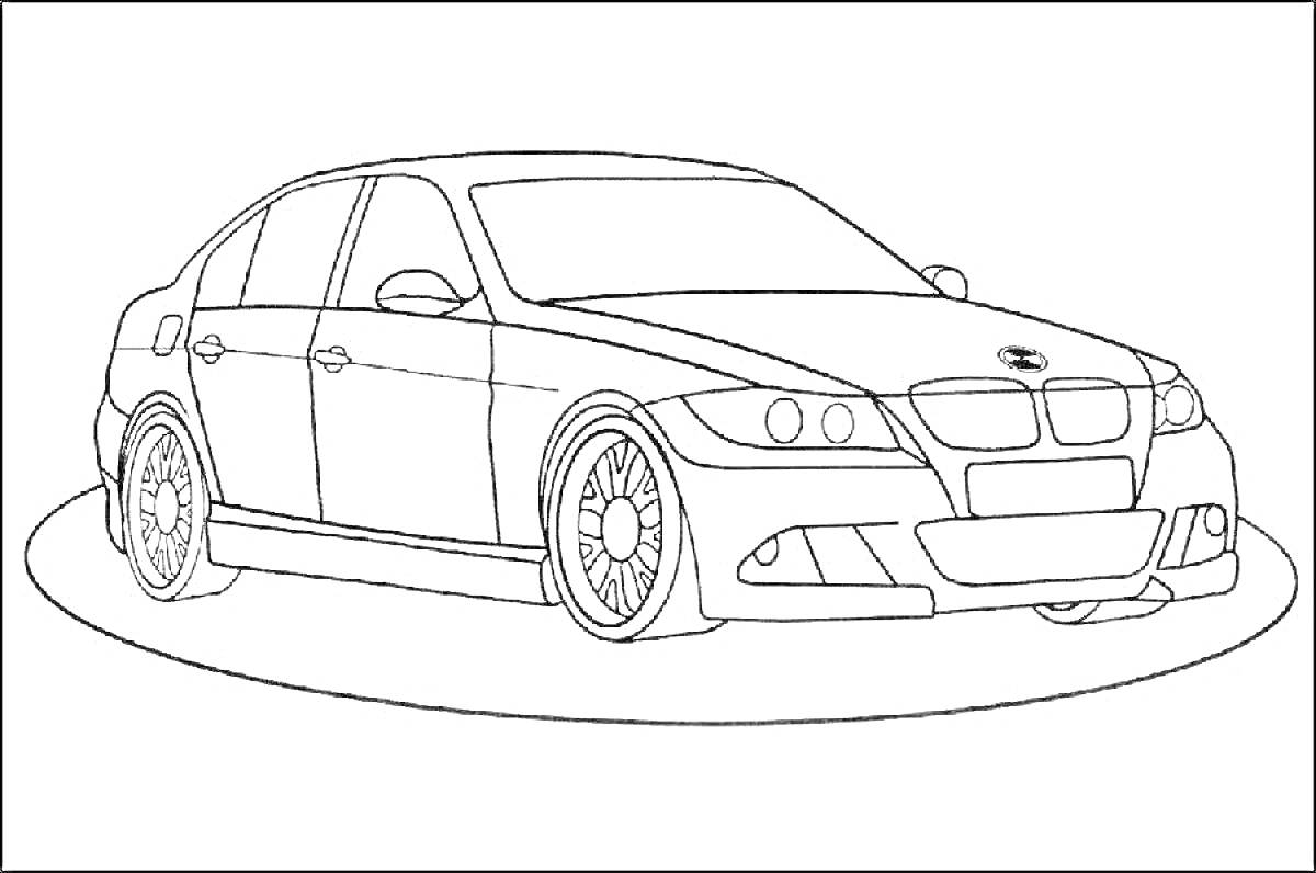 Раскраска Контурное изображение автомобиля BMW M3 с детализацией капота, фар, колес и дверей