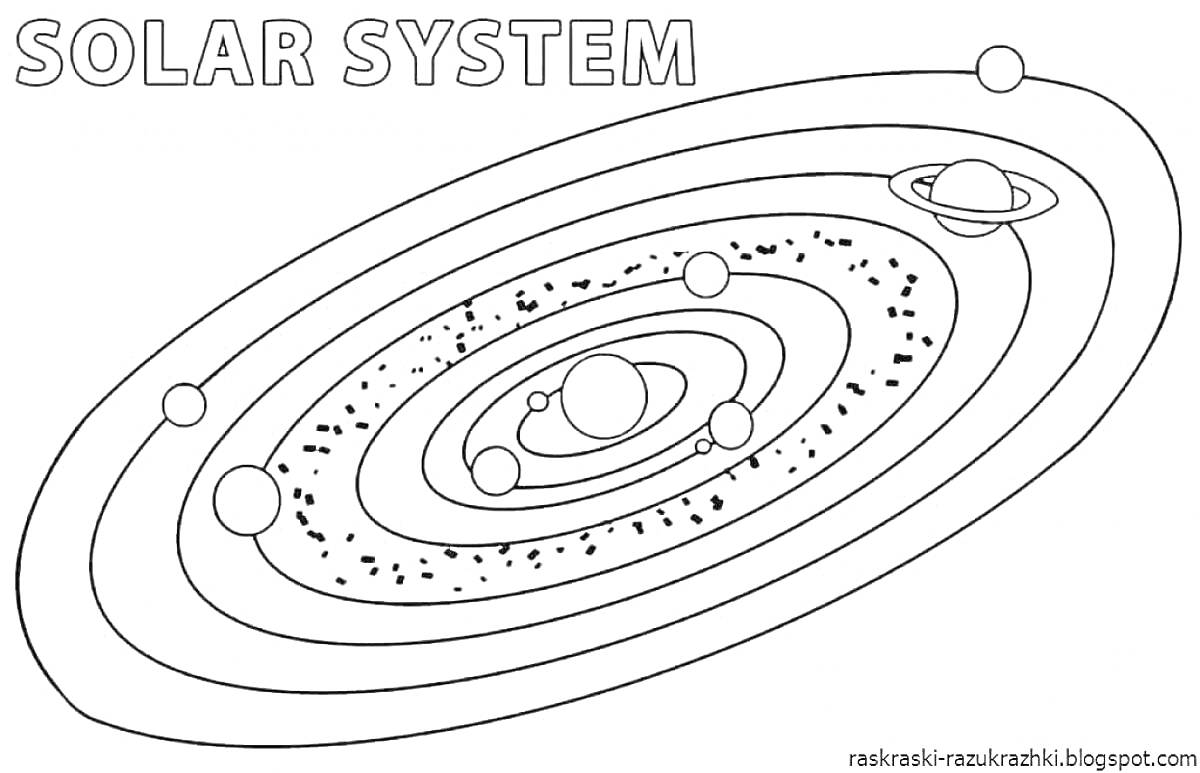 Раскраска Солнечная система с планетами, орбитами и поясом астероидов