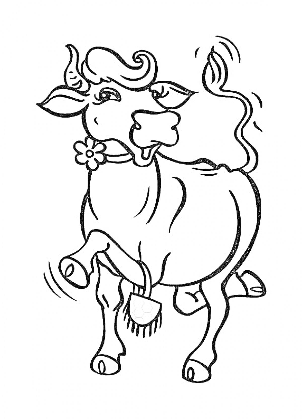 Раскраска Корова с цветком на ошейнике, поднятой передней ногой и взмахом хвоста