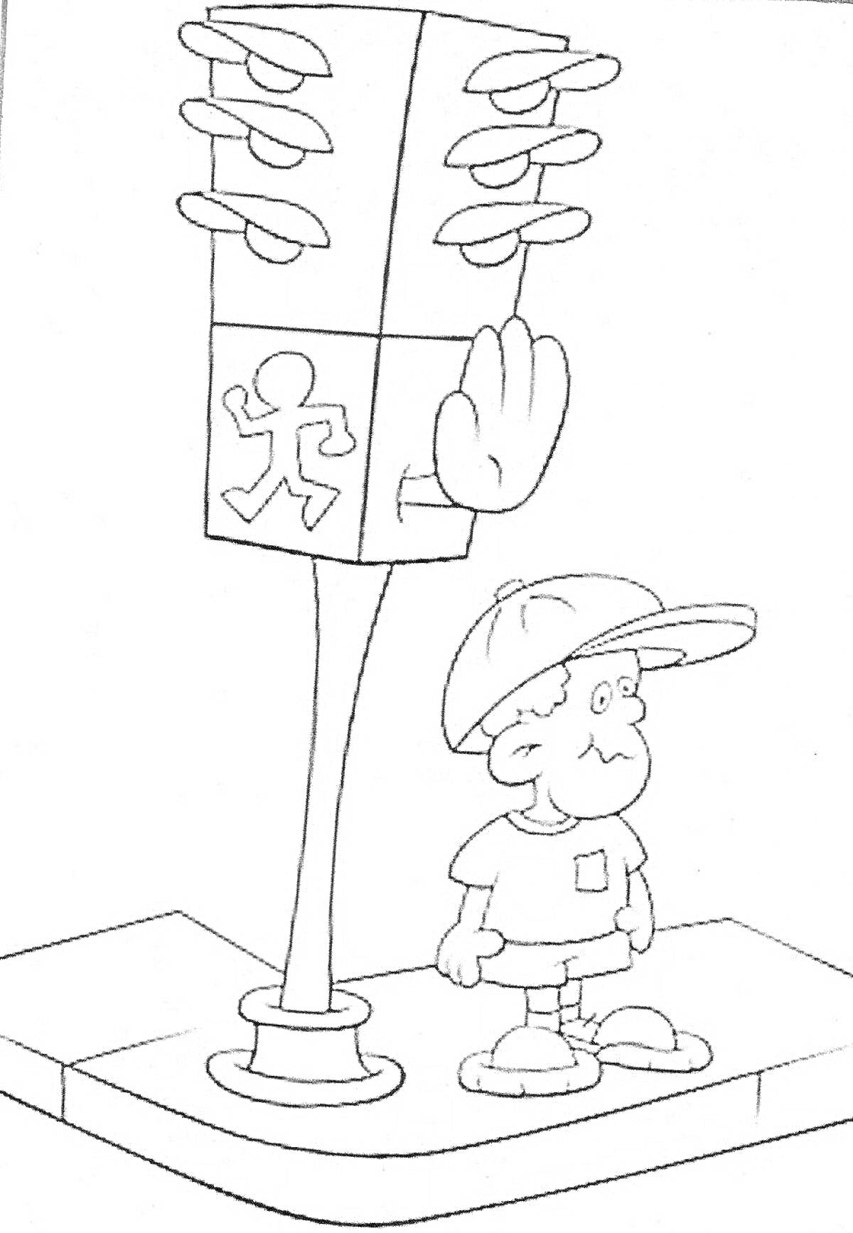 На раскраске изображено: Светофор, Мальчик, Тротуар, Переход, Безопасность