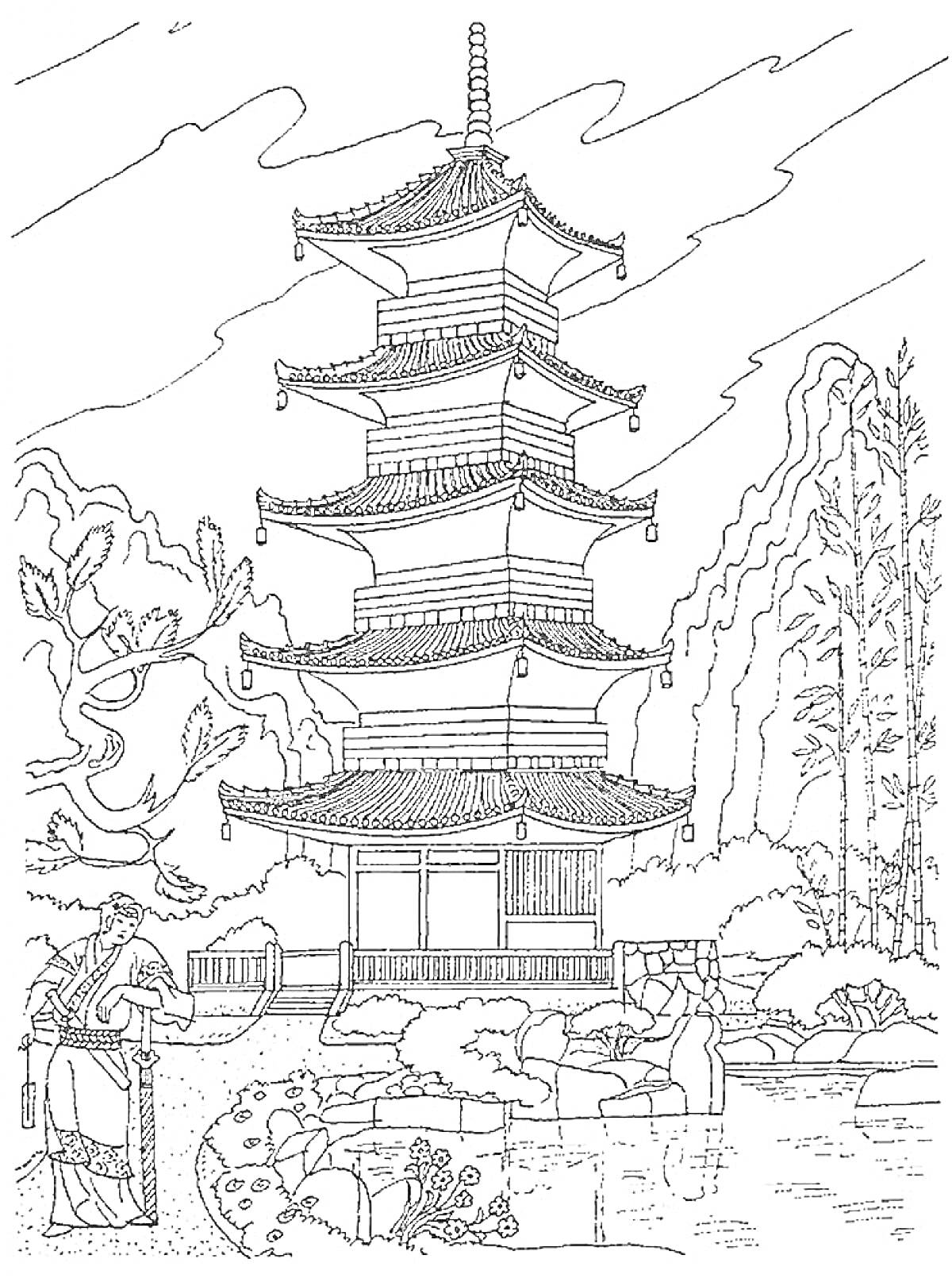 Раскраска Пагода с садом и мостиком у подножья, человек в традиционной одежде
