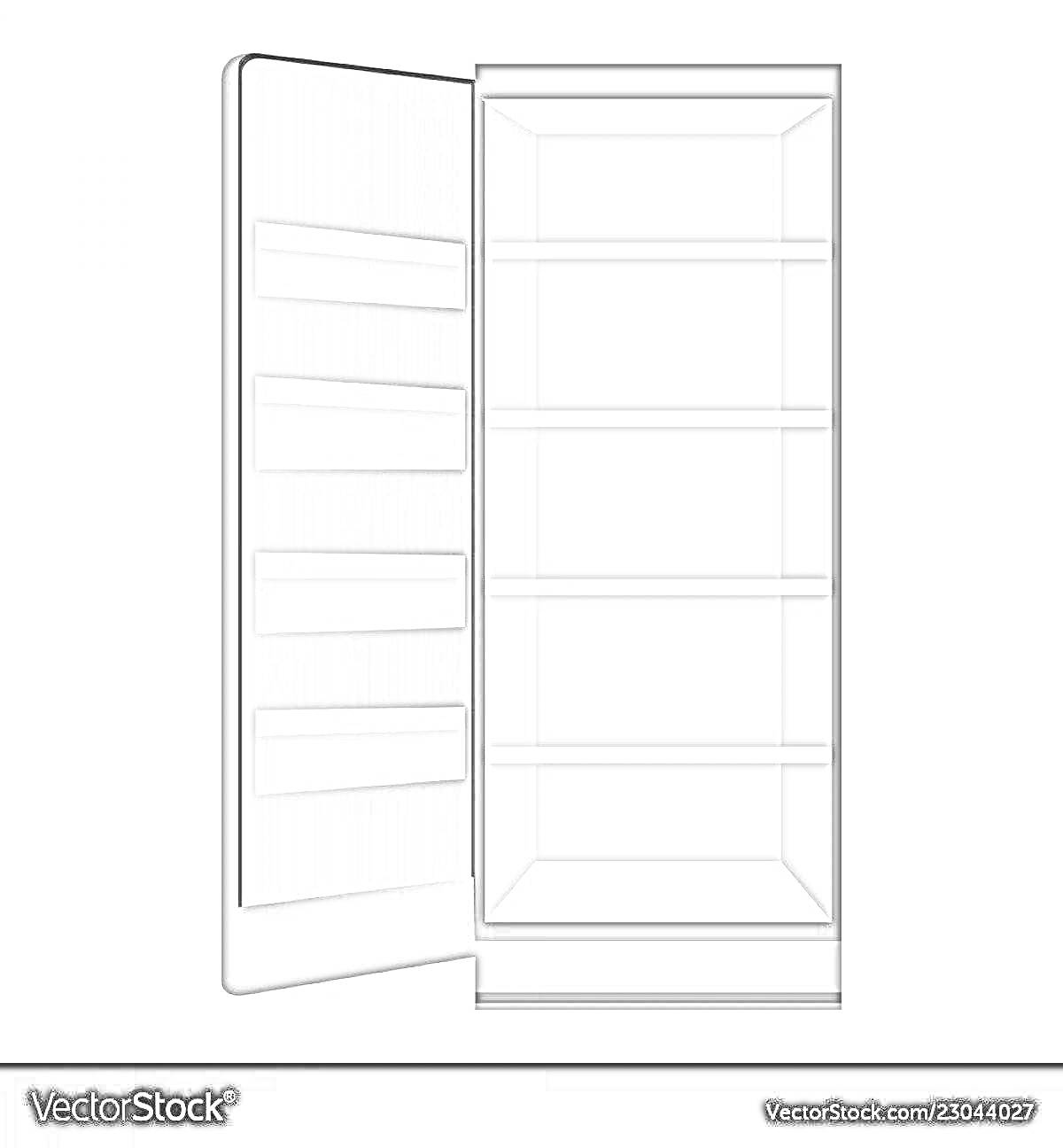 Раскраска Пустой холодильник с открытой дверцей и полками внутри