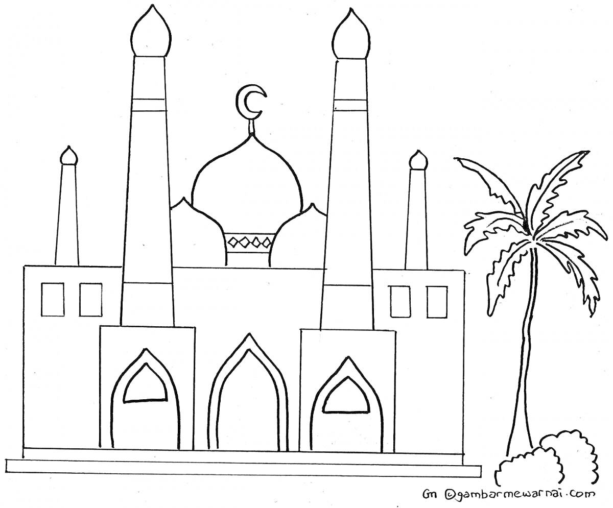 На раскраске изображено: Мечеть, Минареты, Архитектура, Ислам, Здание