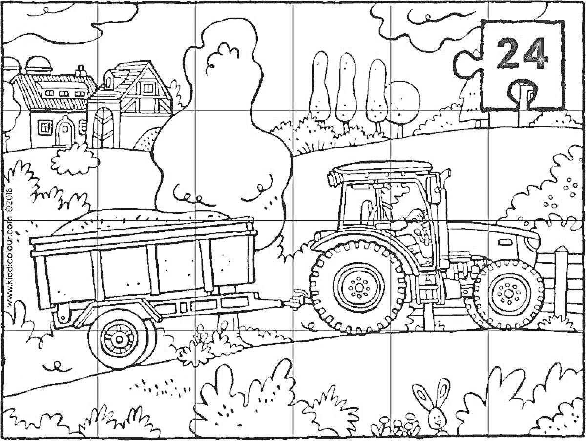 Раскраска Трактор с бочкой на ферме