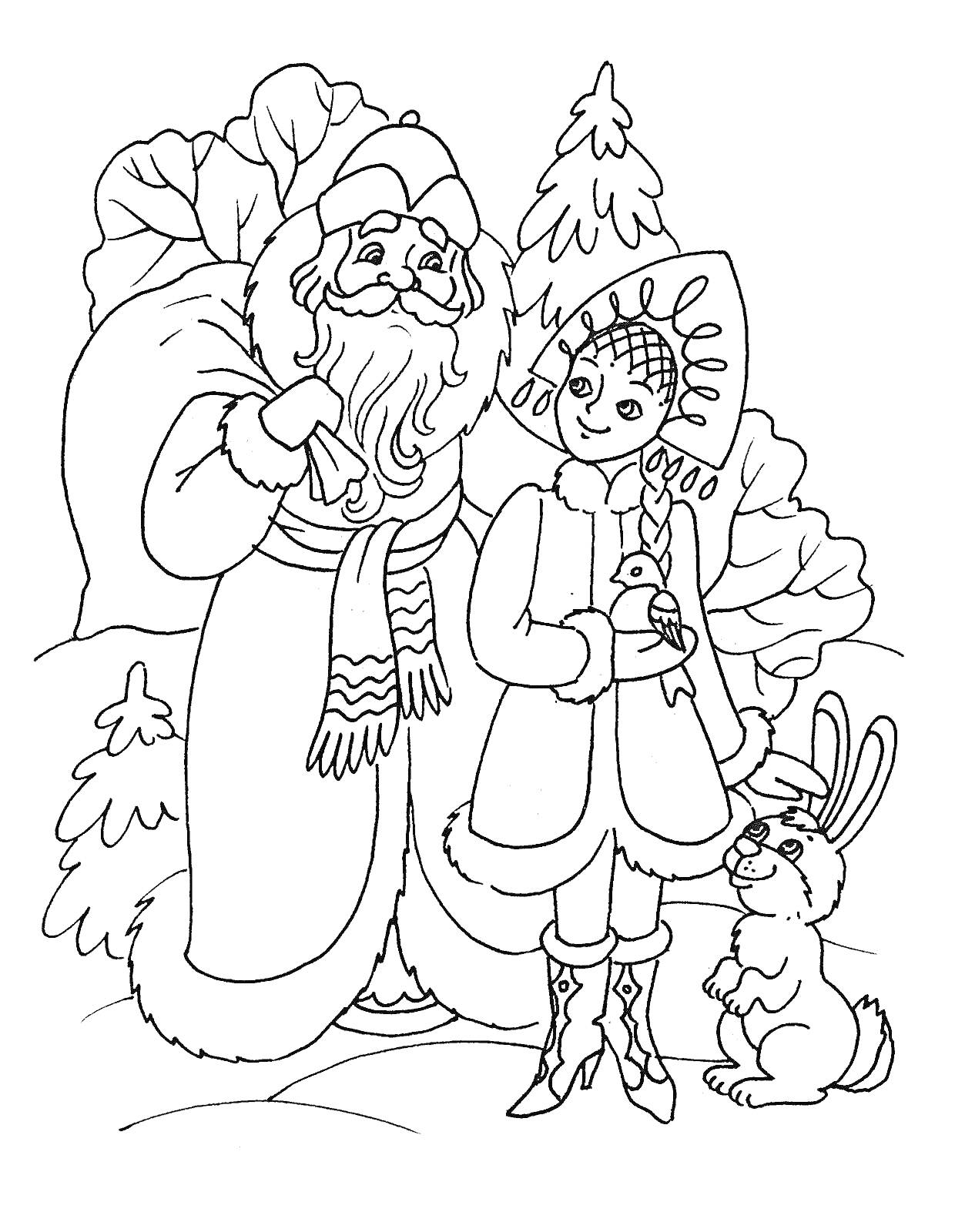 Раскраска Дед Мороз и Снегурочка с зайцем на зимнем фоне, ёлки, птица в руках Снегурочки