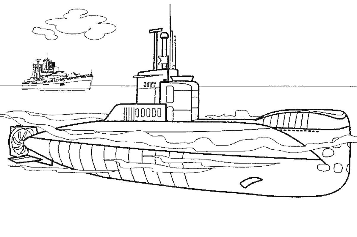 На раскраске изображено: Подводная лодка, Военный корабль, Море, Вода, Облака, Небо, Транспорт, Мореплавание, Техника, Для детей