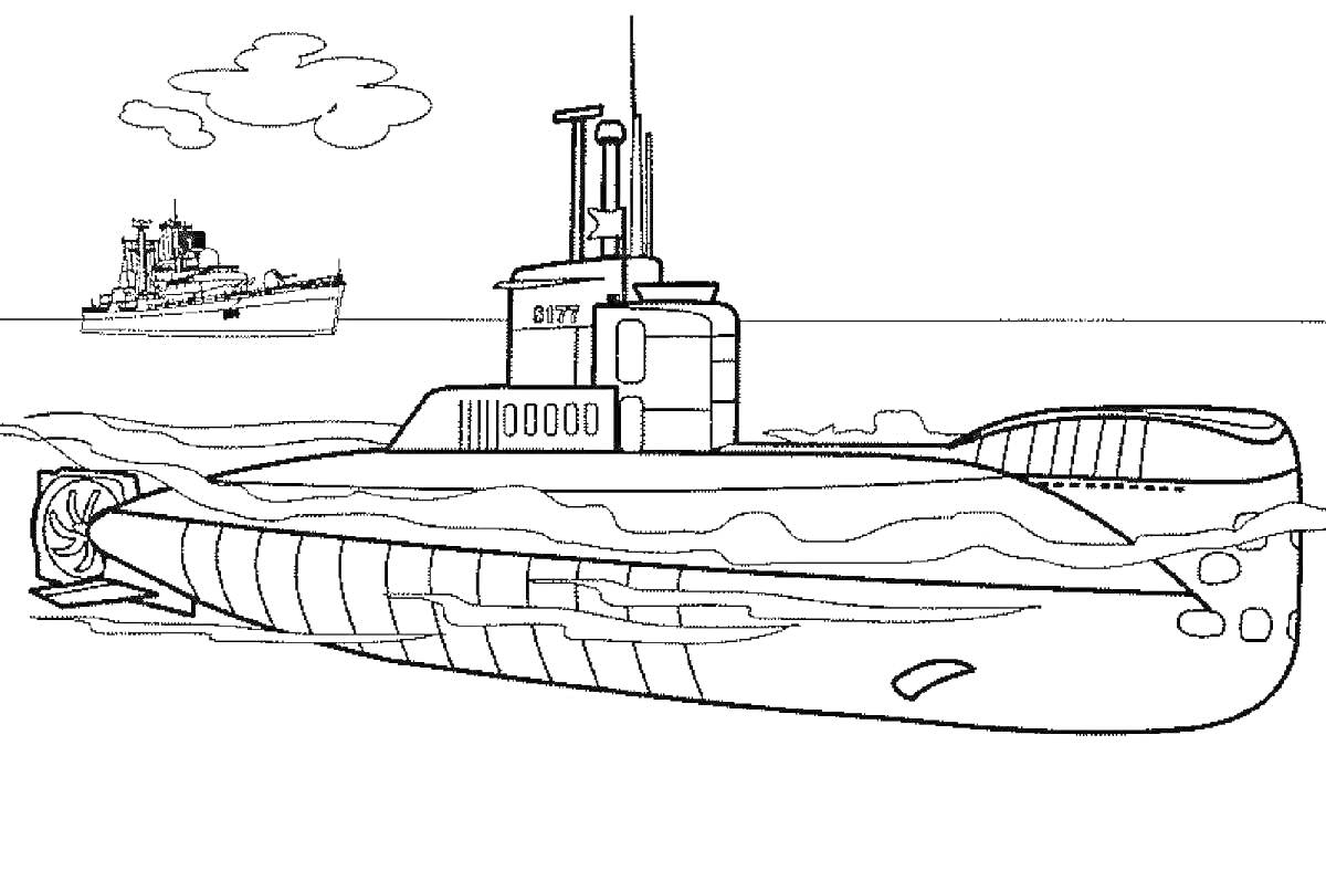 Раскраска подводная лодка и военный корабль на фоне неба с облаками
