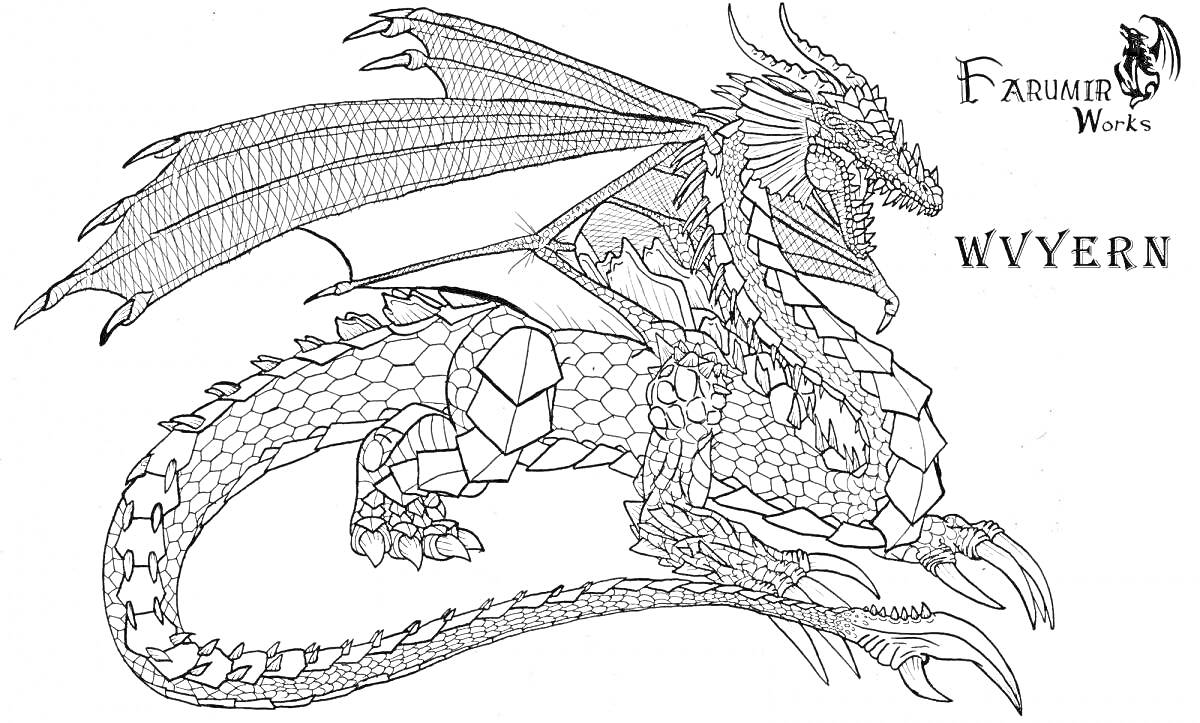 Раскраска Дракон в боевой стойке с детальной чешуей, крыльями и надписями Wyvern и Farumir Works.