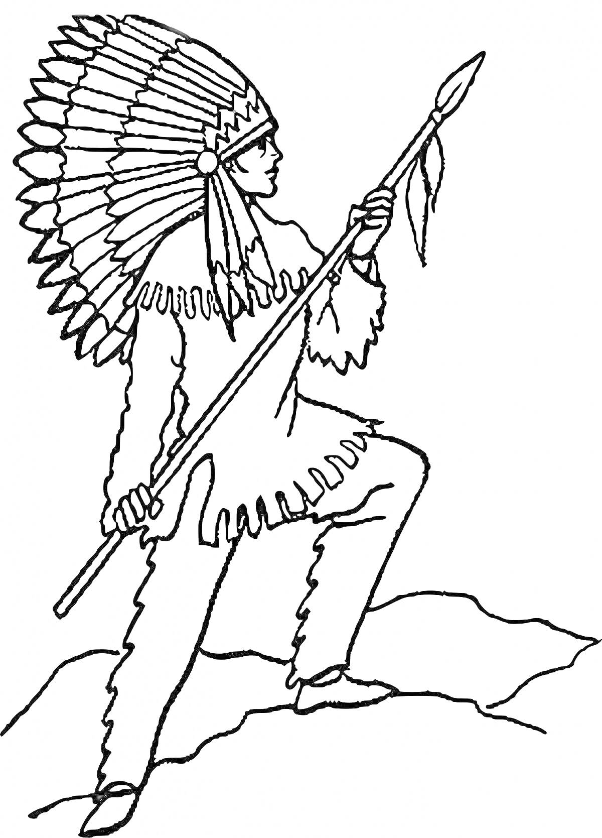 Раскраска Индейский вождь с копьем стоит на камне