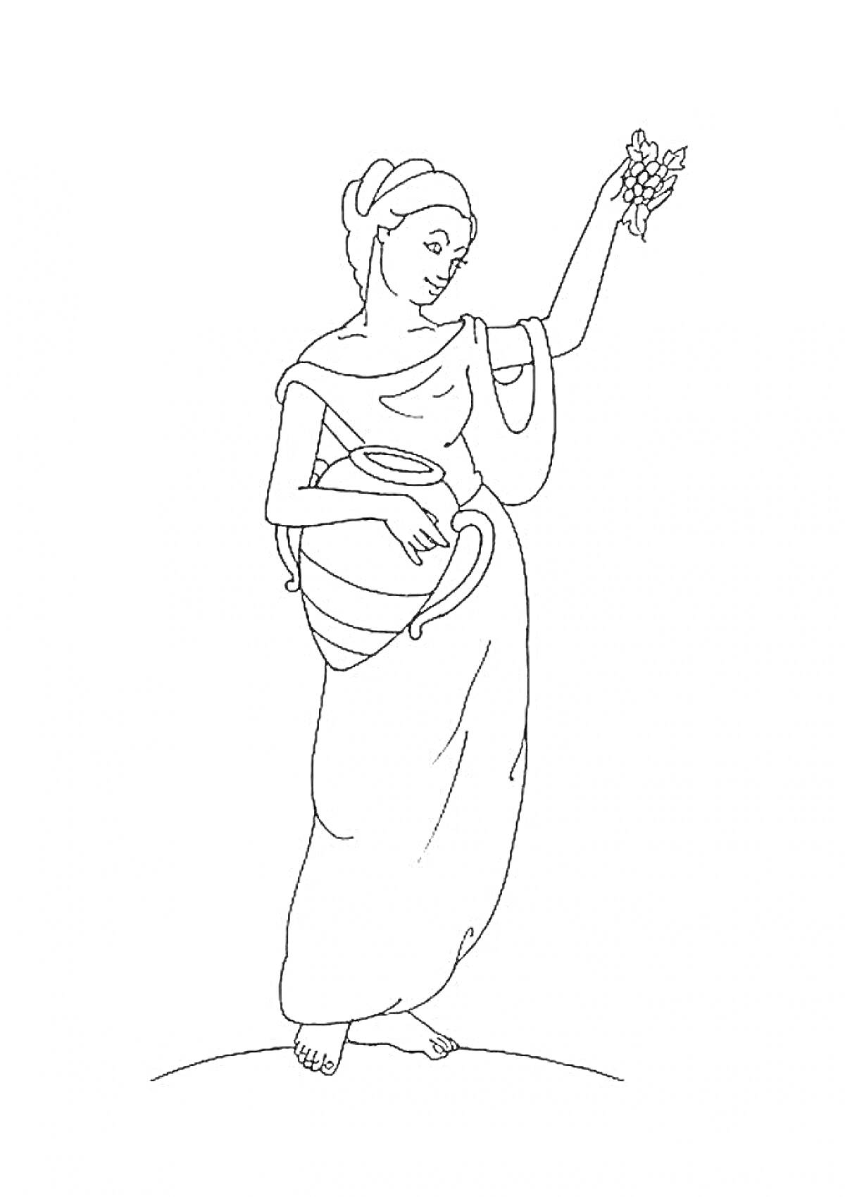 Раскраска Богиня Гера с сосудом и гроздью винограда, стоящая на холме