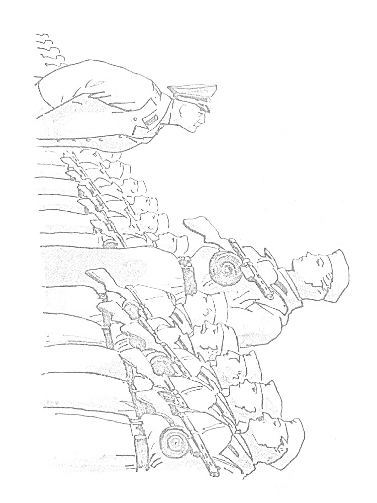 На раскраске изображено: Дядя степа, Служба, Марш, Военная форма, Ружье, Солдат