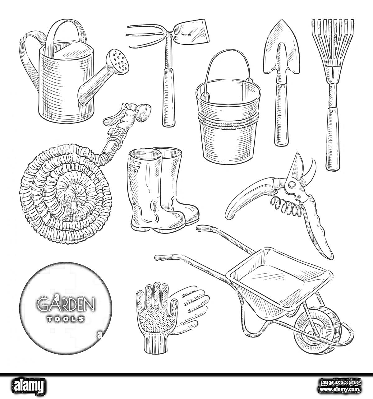Раскраска Лейка, трезубая мотыга, ведро, совковая лопата, веерные грабли, садовый шланг, резиновые сапоги, секатор, садовая тачка, садовые перчатки