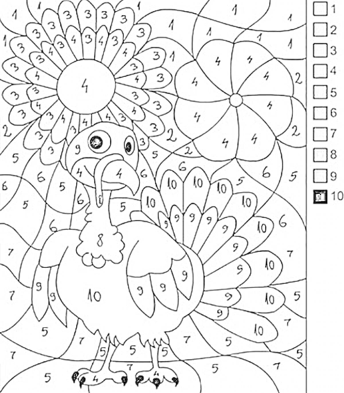 Раскраска Индюк с цветами и разметкой для раскрашивания по номерам
