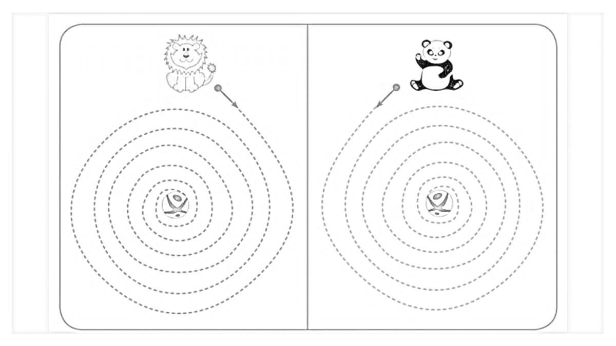 Раскраска Лев, панда, спирали с точками