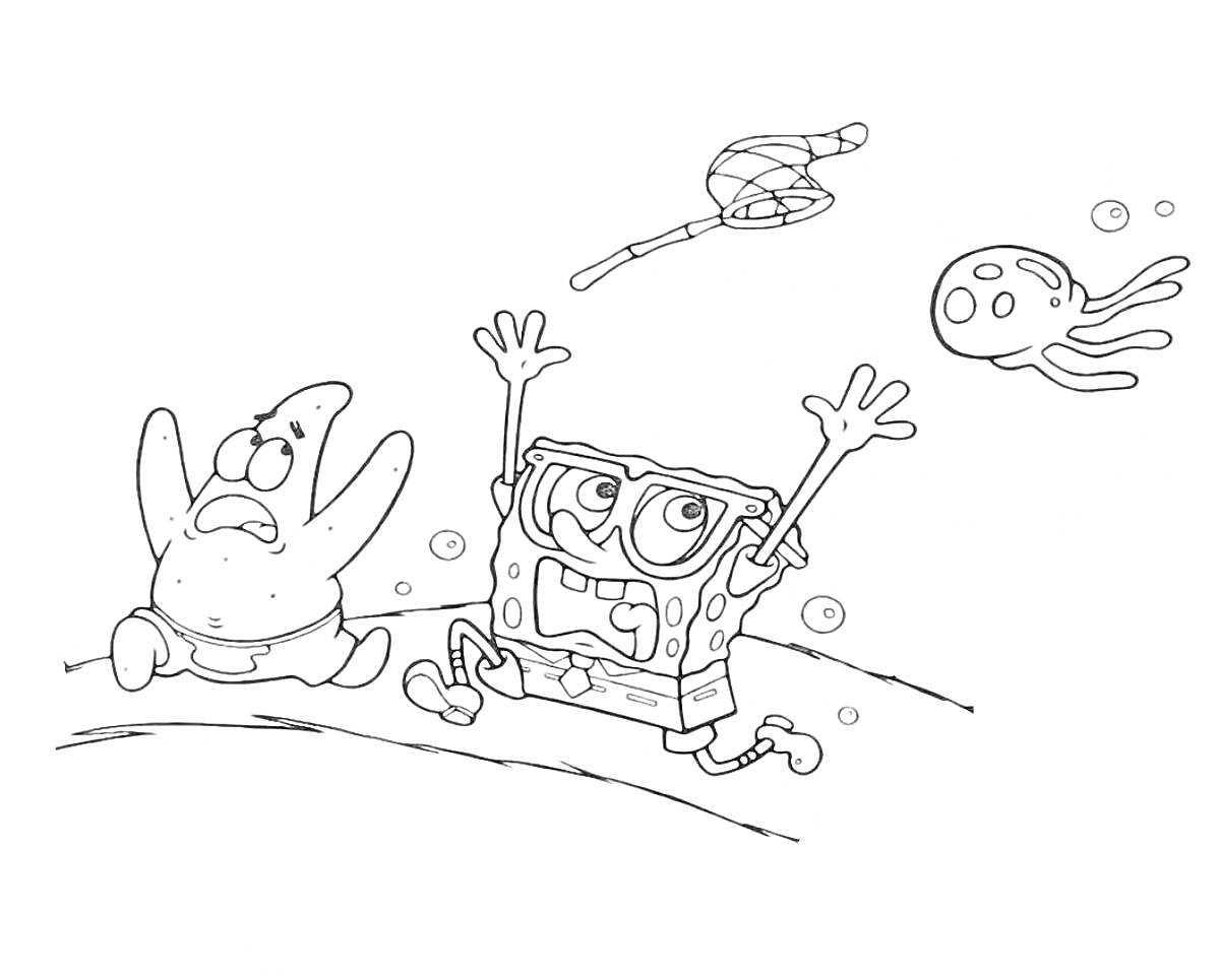 На раскраске изображено: Спанч Боб, Патрик, Медуза, Море, Друзья, Подводный мир
