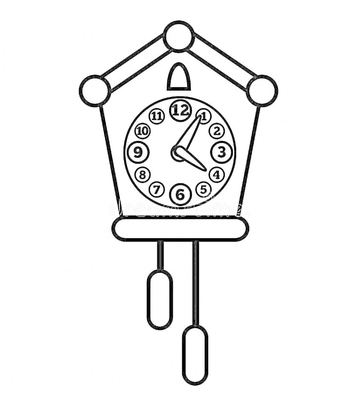 На раскраске изображено: Часы, Кукушка, Цифры, Время, Маятник
