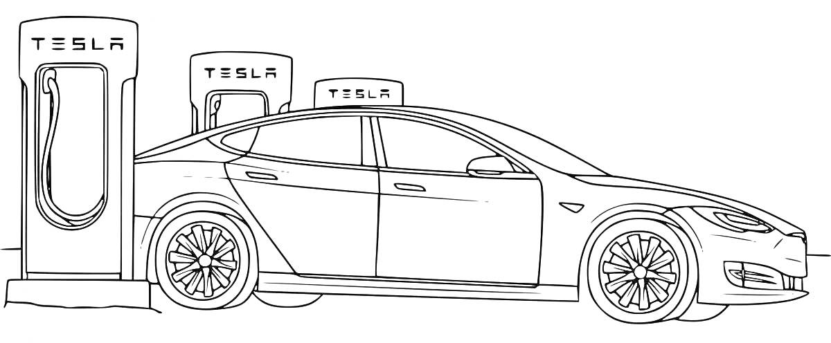 На раскраске изображено: Электромобиль, Tesla, Зарядка, Транспорт, Авто