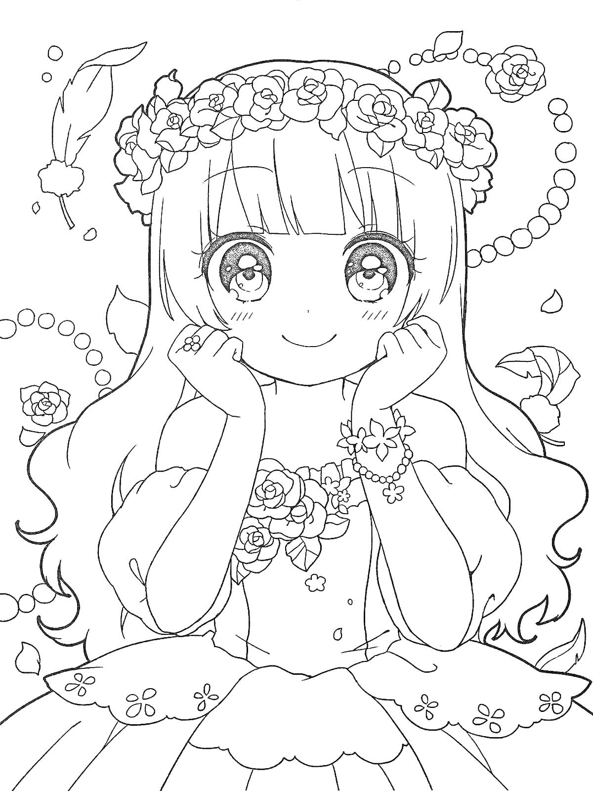 Раскраска Девочка в цветочном венке с ожерельем из бусин, браслетами и цветочной гирляндой