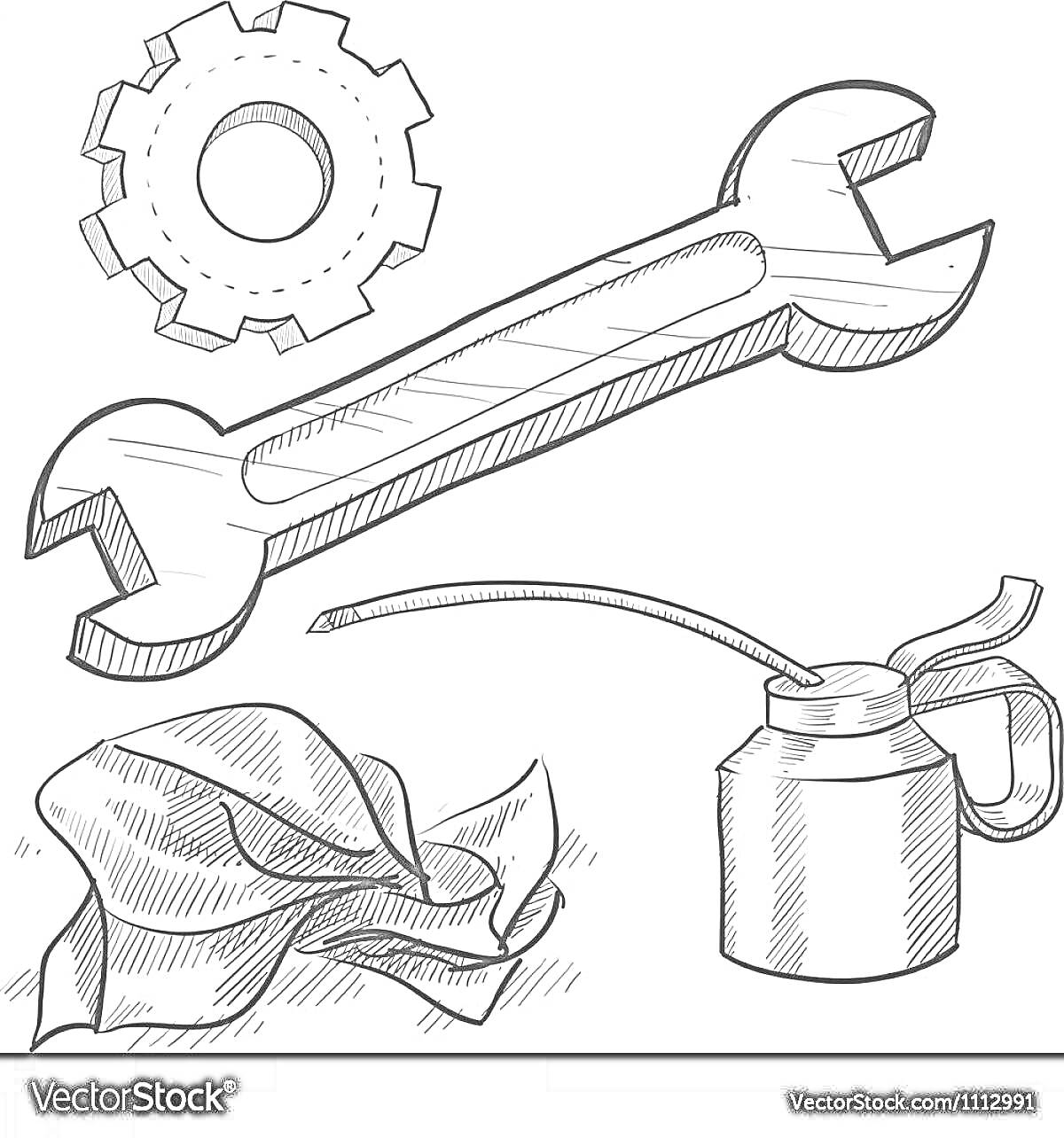 Ключ, масленка, тряпка и шестерня