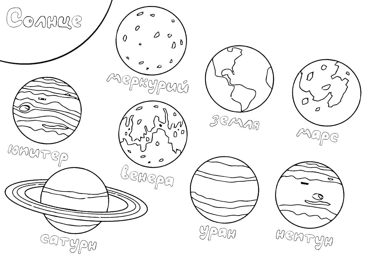 Раскраска Солнце, Меркурий, Венера, Земля, Марс, Юпитер, Сатурн, Уран, Нептун