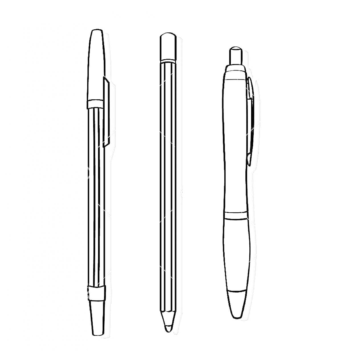 Три разных ручки: шариковая с колпачком, механический карандаш, шариковая с кнопочным механизмом и прорезиненными вставками