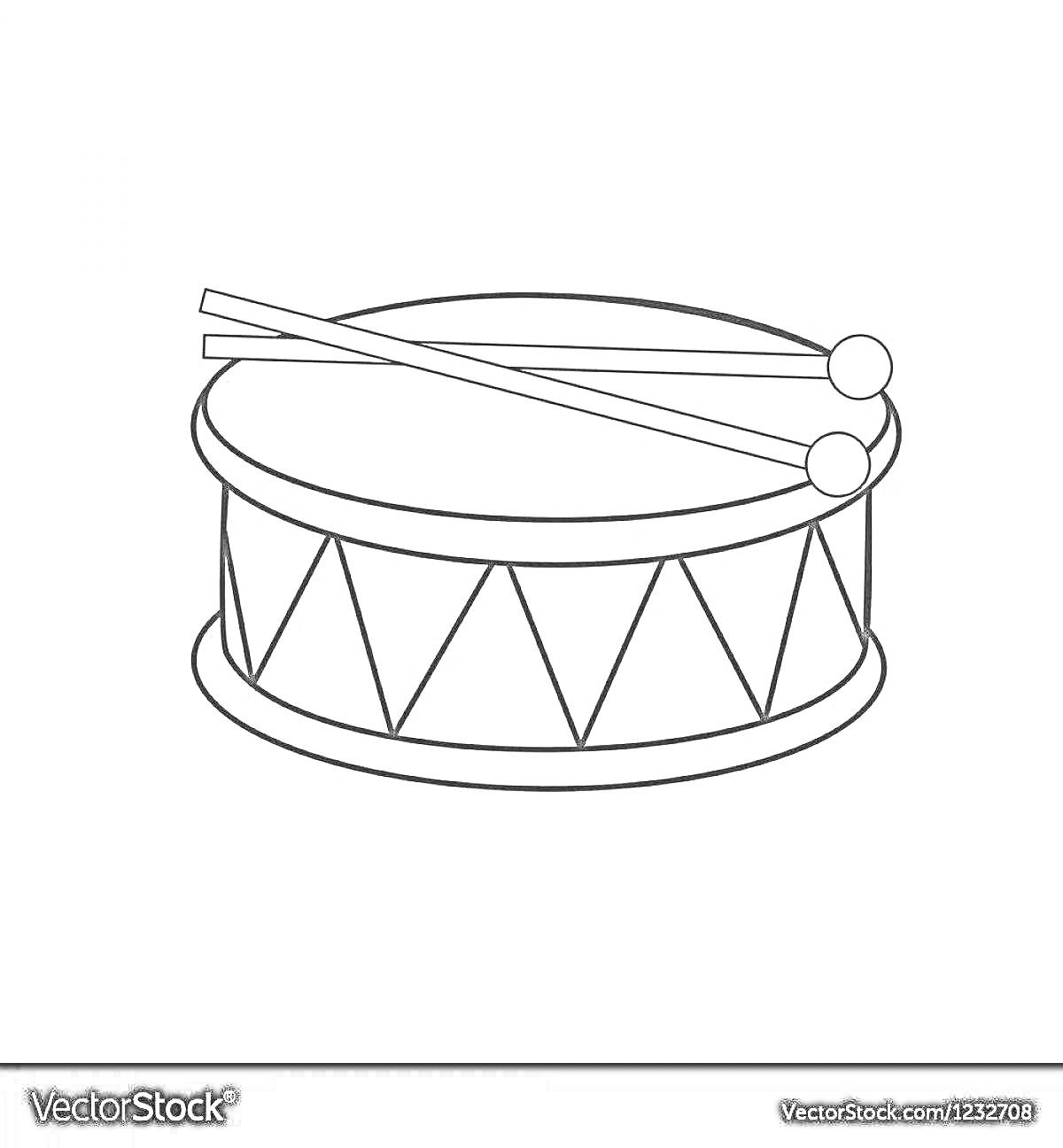 На раскраске изображено: Барабан, Палочки для барабана, Треугольный узор, Музыкальные инструменты, Барабанные палочки
