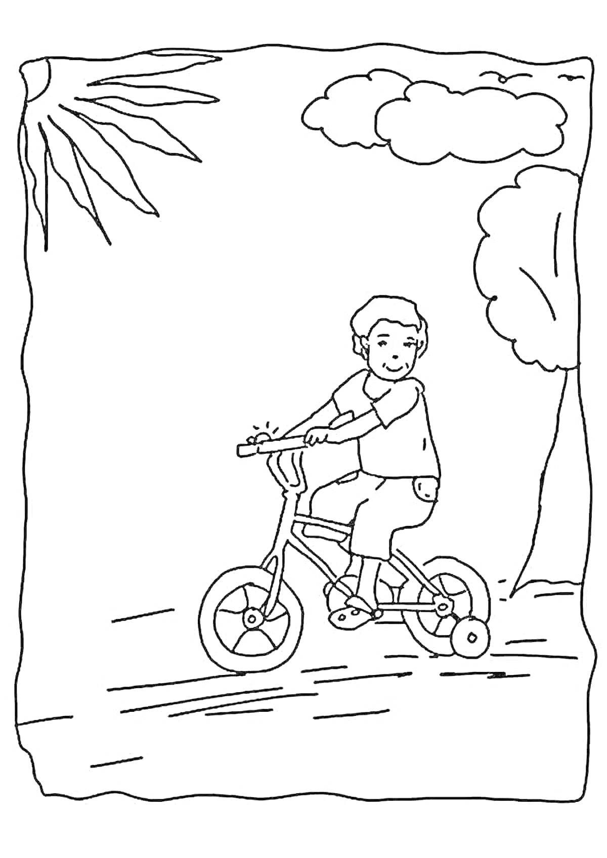 На раскраске изображено: Мальчик, Велосипед, Прогулка, Солнце, Природа, Лето, Активность, Облака, Деревья