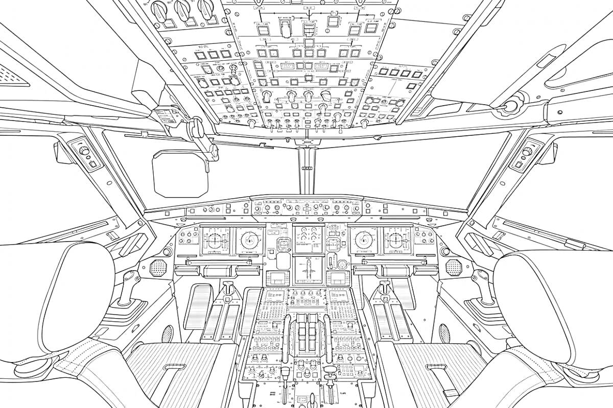 Кабина пилотов аэробуса с панелями управления, креслами пилотов и приборными панелями